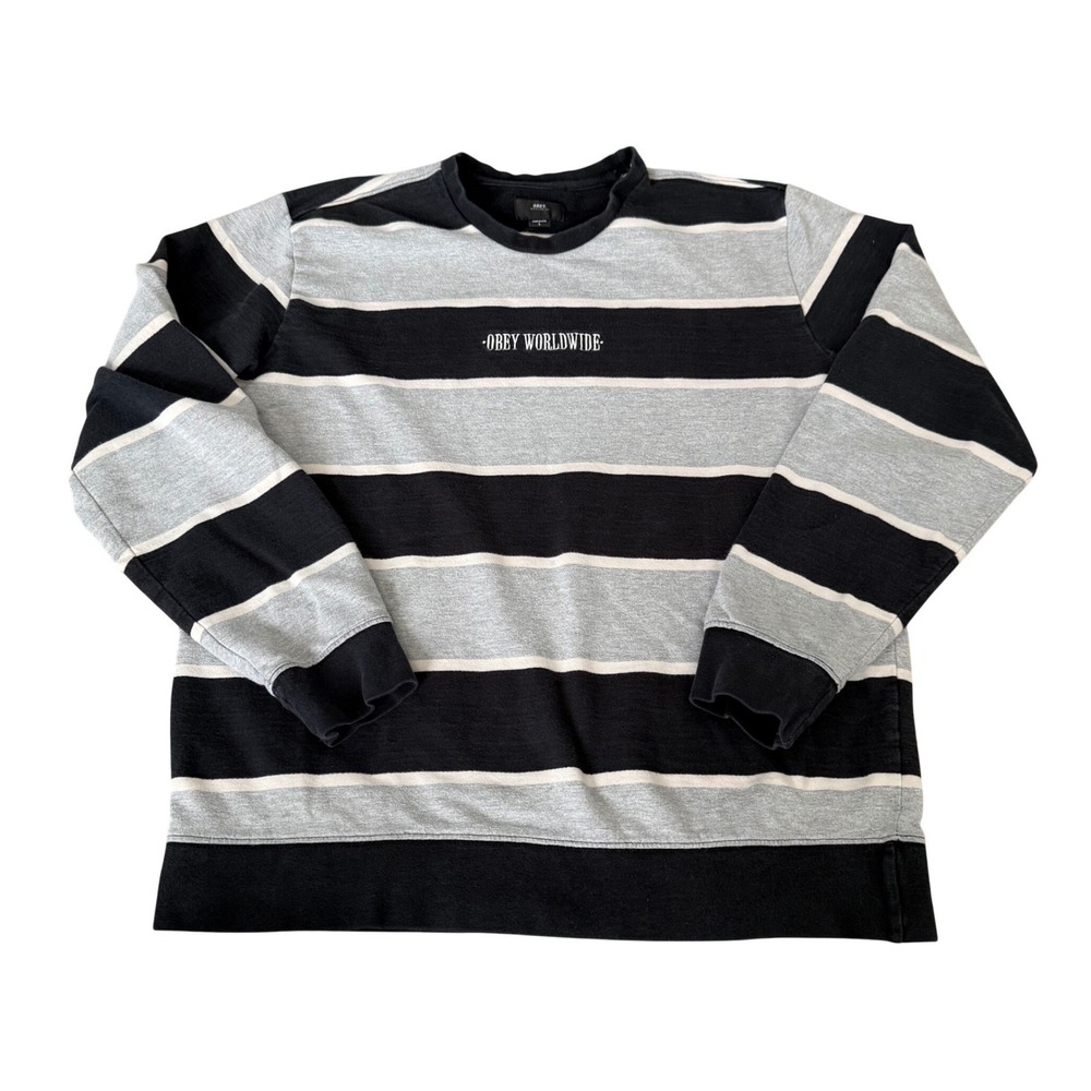 Obey Striped  Sweatshirt Black Grey Crewneck Y2K Skater Retro Streetwear Large